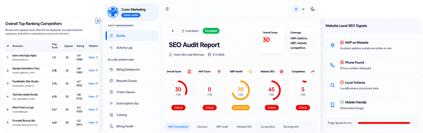 SEO audit dashboard preview with competitor rankings, audit scorecards, and website local SEO signals