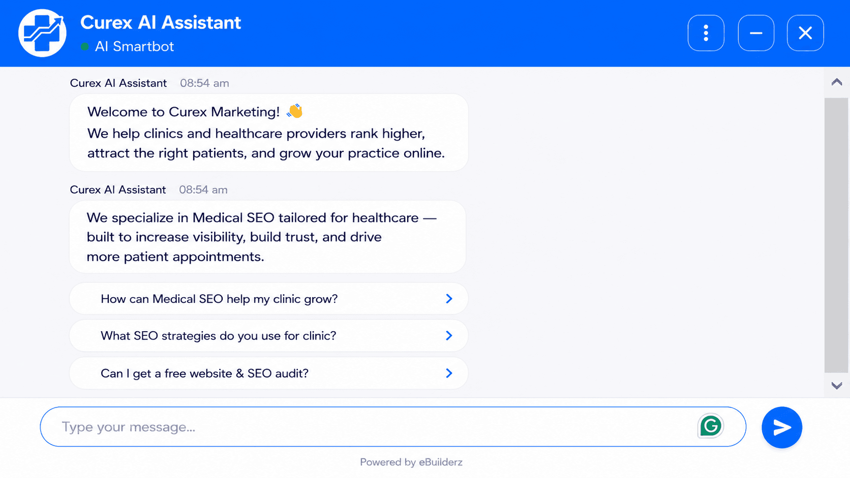 AI chatbot assistant interface helping clinic visitors book consultations and ask after-hours questions.