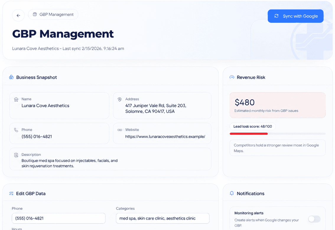 Google Business Profile management dashboard showing business snapshot and revenue risk insights.