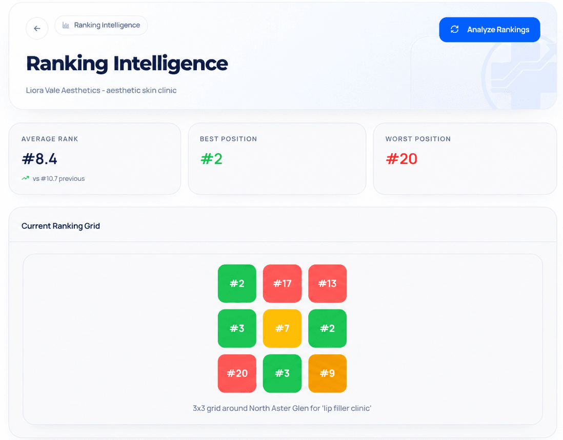 Local ranking intelligence dashboard with average rank, best position, and current ranking grid.